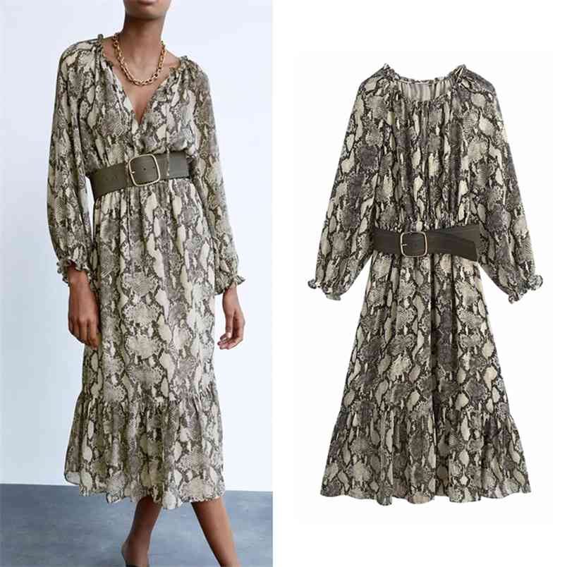 

Animal Print Midi Dress Women Long Sleeve V-neck Ruffle Woman Fashion Contrast Belt Elastic Waist Ladies es 210519
