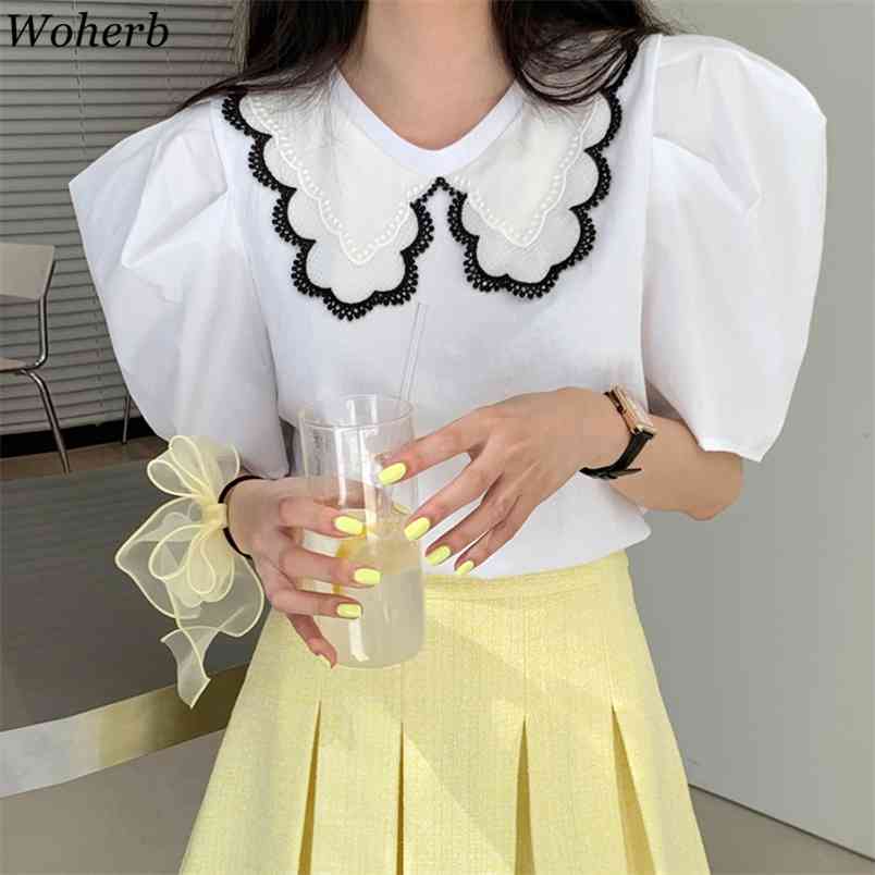 

Puff Sleeve Women Solid Shirts Lace Peter Pan Collar Summer Fashion Elegant Chic Blusas Loose Female Blouses Tops 210519, White