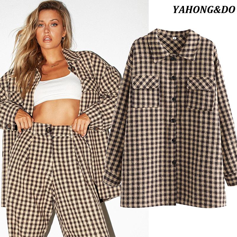

Women Plaid Jacket Coat Turn Down Collar Ladies Long Sleeve Loose Oversize Street Style Women' Jackets, Brown