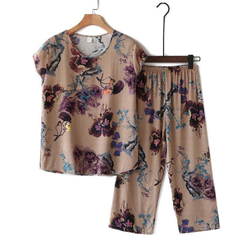 

Women's Tracksuits Summer Printing Mother Sets 2 Piece Middle-aged And Elderly Woman Set Loose Top Short Sleeve Cotton Linen Pant Suits, A color 5