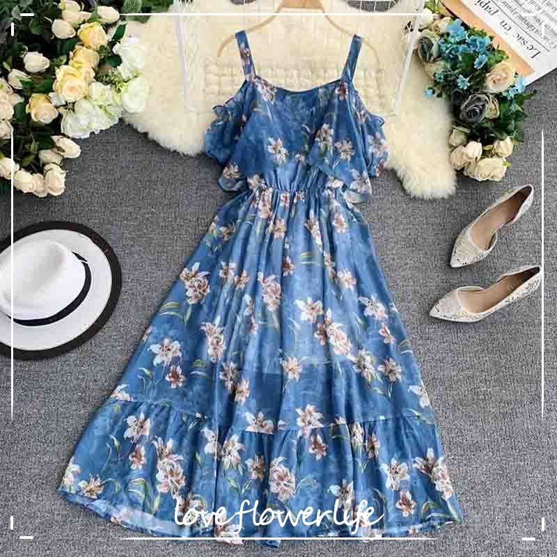 

Korean Boho Print Chiffon Dress Summer Sexy Strapless Ruffle Seaside Holiday Beach Dress Elegant Women Short Sleeve Vestido 210521, Light blue