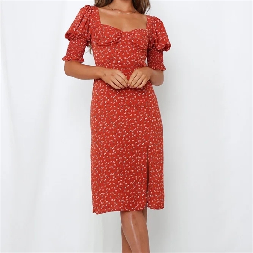 

women Dress Mode Vrouwen Midi Jurk Casual Frankrijk Wijn Rode Bloemenprint Zomer Vestido Vintage Split Jurken robe 210520, Red
