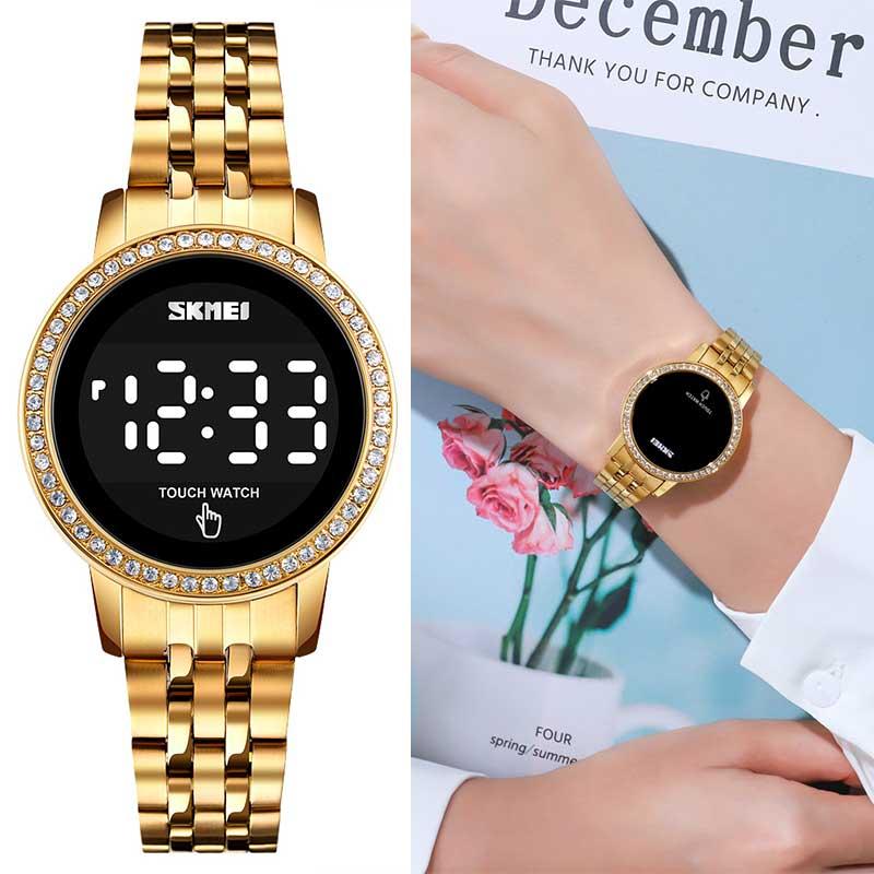 

Touch Screen Women's Watch Diamond Ladies Fashion Electronic Wrist Clock Stainless Steel Strap Date LED Digital 1669 Wristwatches, Gold