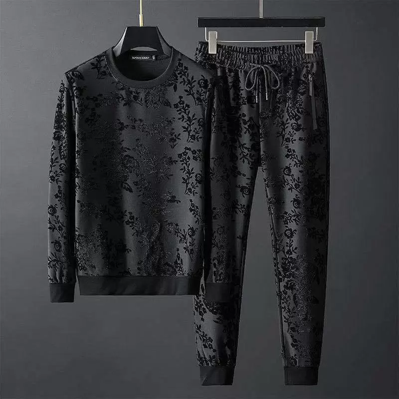 

2022 Autumn Men Tracksuit new personalized simple jacquard round neck long sleeve sweater trousers two-piece mens suit tide, Gray