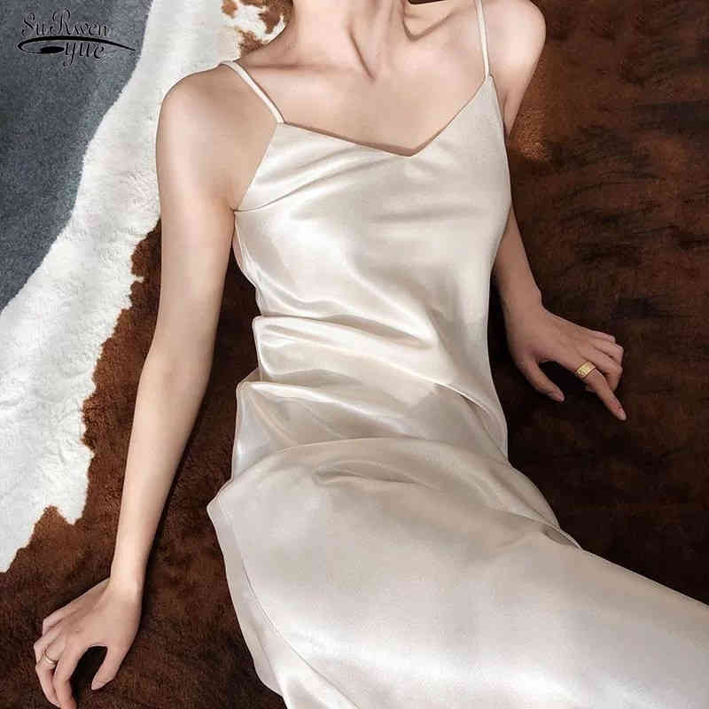 

Summer Strap Sleeveless Dress Women V Neck Sexy Satin Long Dress Casual Loose Night Dresses Plus Size Sukienki 14305 210518, White