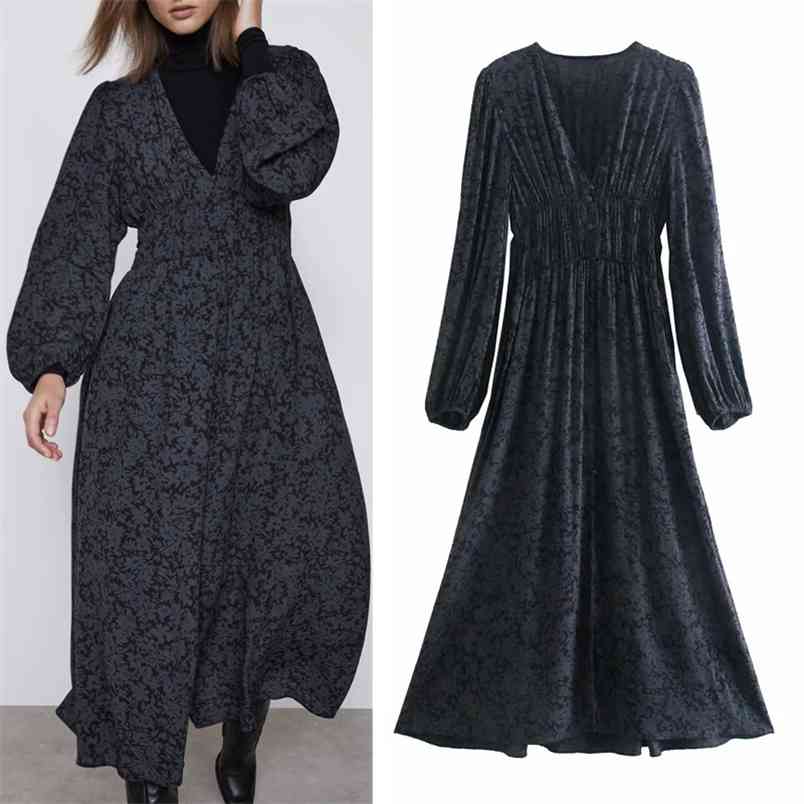 

Black Printed Long Dress Women Puff Sleeve Vintage Midi Woman Hem Front Vent Ruched Casual es 210519
