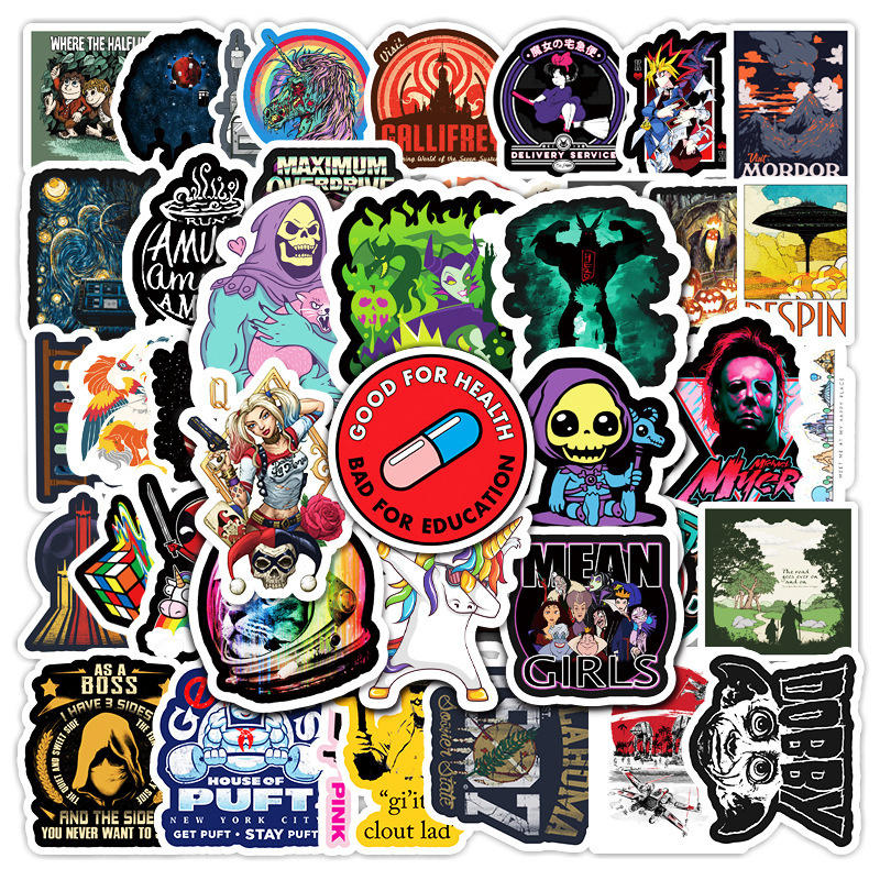 

50pcs Not Repeated Retro Notebook Stickers Skull Decals Decoration For Skateboard Helmet Motorcycle SCooter Gifts Kids Phone DIY Waterproof Sticker, Mixed
