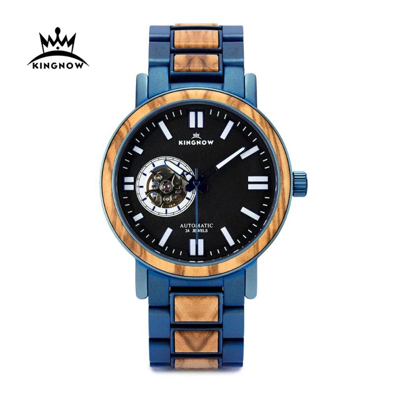 

Wristwatches KINGNOW Men's Mechanical Watches Luxury Top Brand Male Wooden Wristwatch Christmas Gift Stainless Steel Automatic Man Watch, Black gold