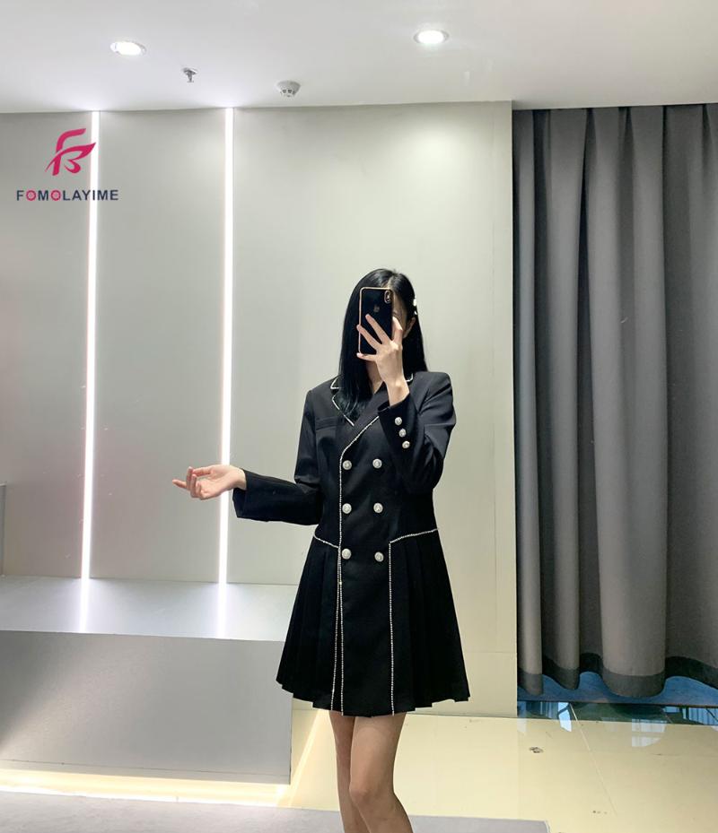 

Casual Dresses 2021 Autumn Classic Heavy Industry Rhinestone Double-breasted Slim Pleated Blazer Dress For Women