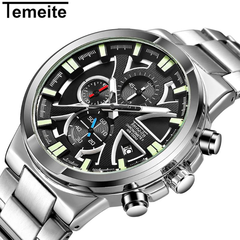 

Wristwatches TEMEITE Top Chronograph Quartz Watch Men Working 3 Sub-dials 6 Hands Date Fashion Sports Wrist Watches Male Clock, Slivery;brown