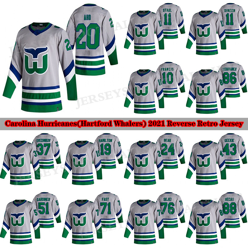 

Hartford Whalers Carolina Hurricanes Jersey 2020-21 Reverse Retro 20 Sebastian Aho 11 Staal 10 Ron Francis 86 Teuvo Teravainen 37 Andrei Svechnikov Hockey Jerseys, Grey retro