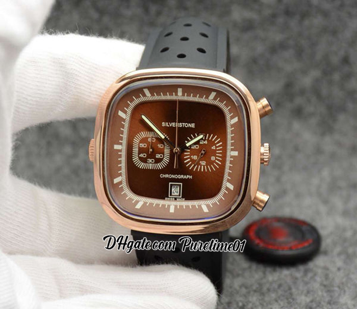 

Silverstone Square Miyota Quartz Chronograph Mens Watch 44mm Rose Gold Brown Dial Stick Markers Black Rubber Stopwatch Watches Limited Edition Puretime01 Z113c3, Customized waterproof service