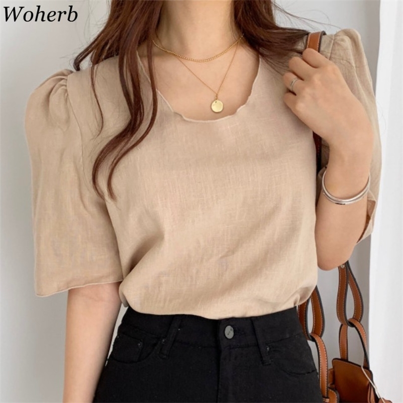 

Elegant T Shirt Women V Neck Puff Sleeve Temperament Tees Solid Color Loose Office Lady Shirts Korean Cotton Linen Tops 210519, White