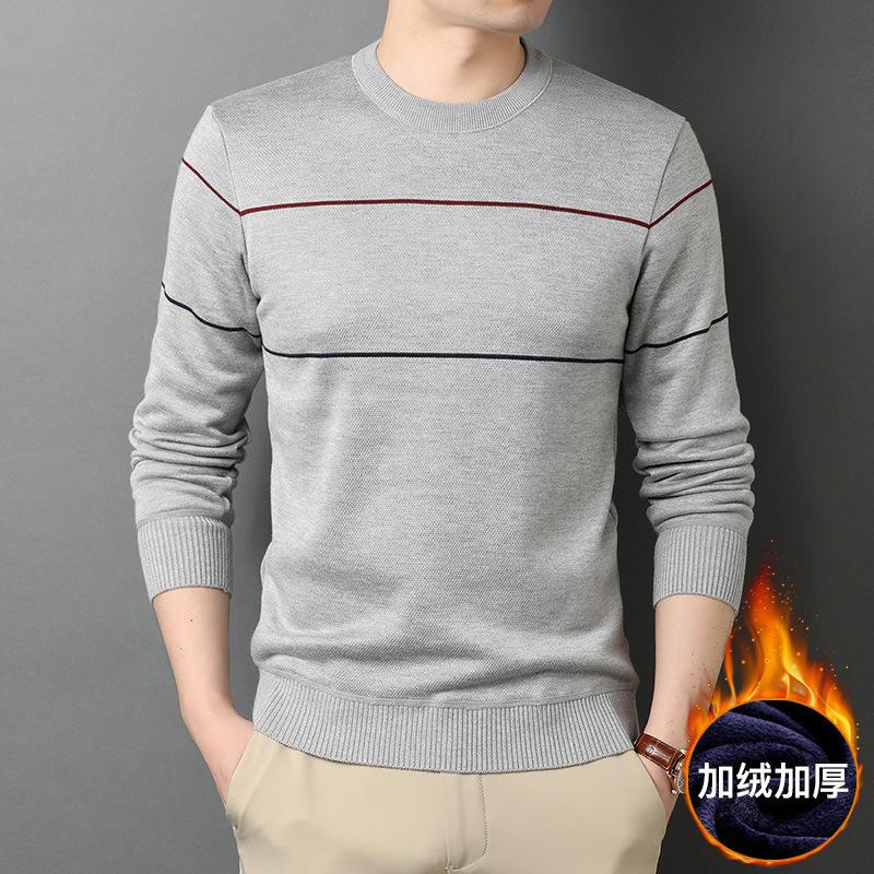 

Men's Sweaters Winter Warm Knit Pullover Sweater Fashion Casual Big Stripes Fleece Padded Crew Neck Male Brand Clothes, White;black