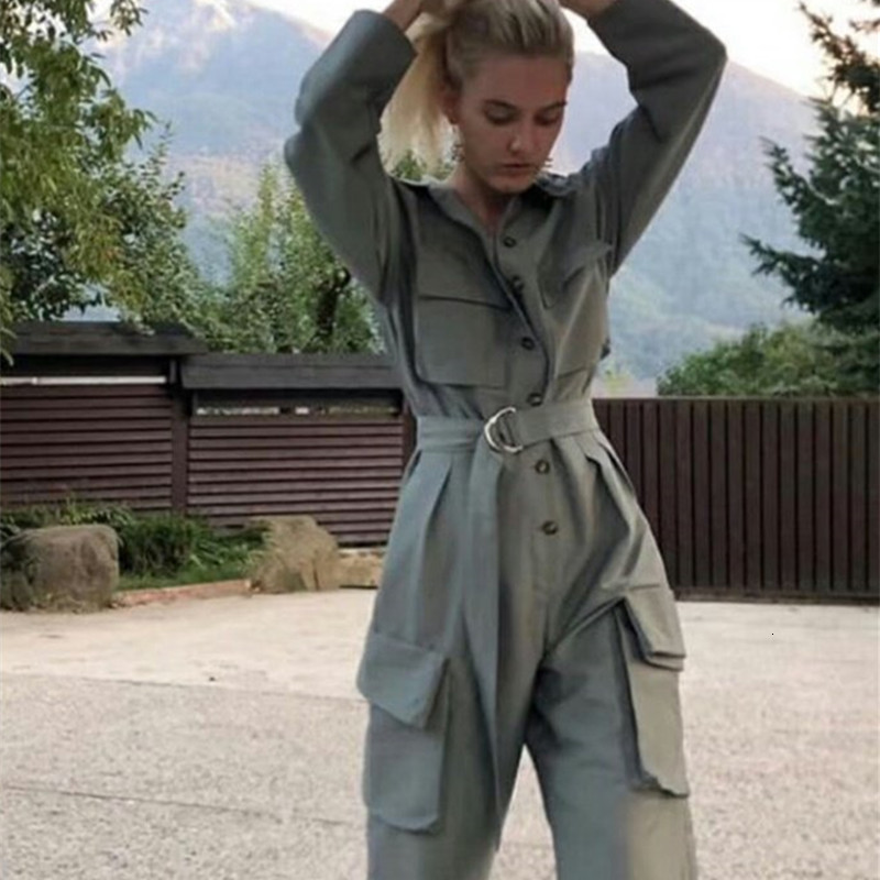 jumpsuit Vintage casual cargo women&#039;s Sashes Army Green Pocket jumpsuit overall Solid Autumn winter romper-image-675620060
