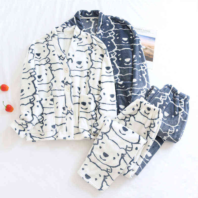 

Winter Flannel Couple Pajamas Sets Thick Warm Home Clothing Sleepwear Plus Velvet Female Nightgown Suit Pyjama Femme Pijama 211109, Female blue