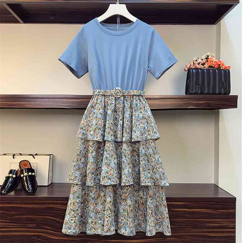 

Summer Floral Printted Stitching Cotton Tshirt Dress Female Vestido O-neck Short Sleeve Belt Layered Ruffled Cake 210602, Yellow