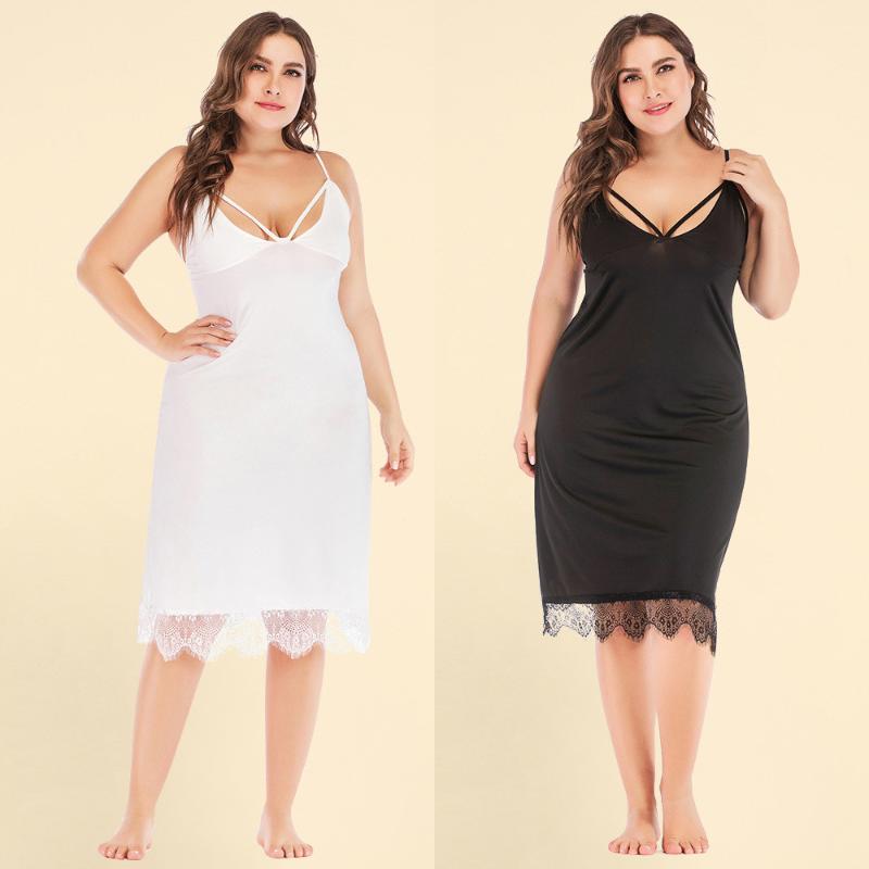 

Plus Size Dresses Womens Nightdress 2021 Sexy Solid Lingerie Sling Lace Sleepwear Summer Nightgown For Silk Nightwear Robe Dress Gown, Black