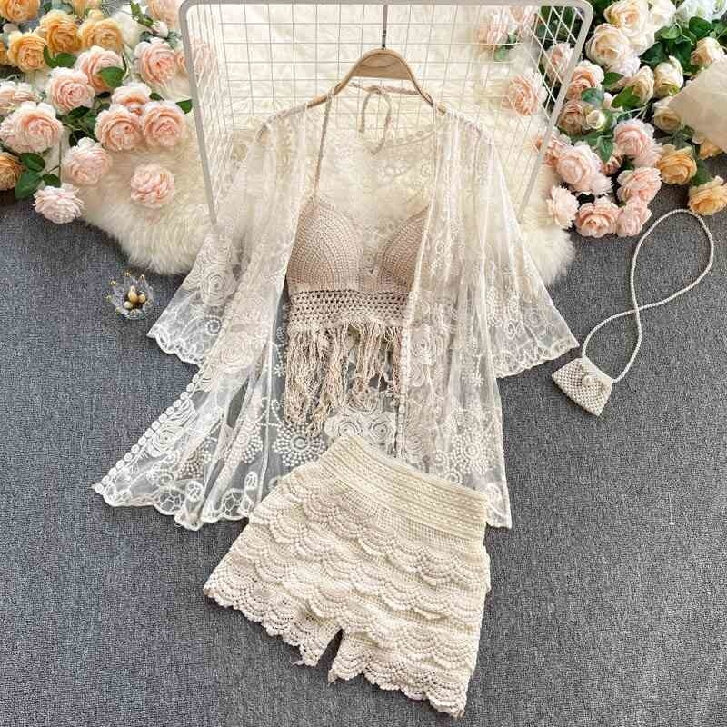 

Vacation style women's retro lace hollow crochet camisole high waist shorts + three-piece jacket 210525, Apricot