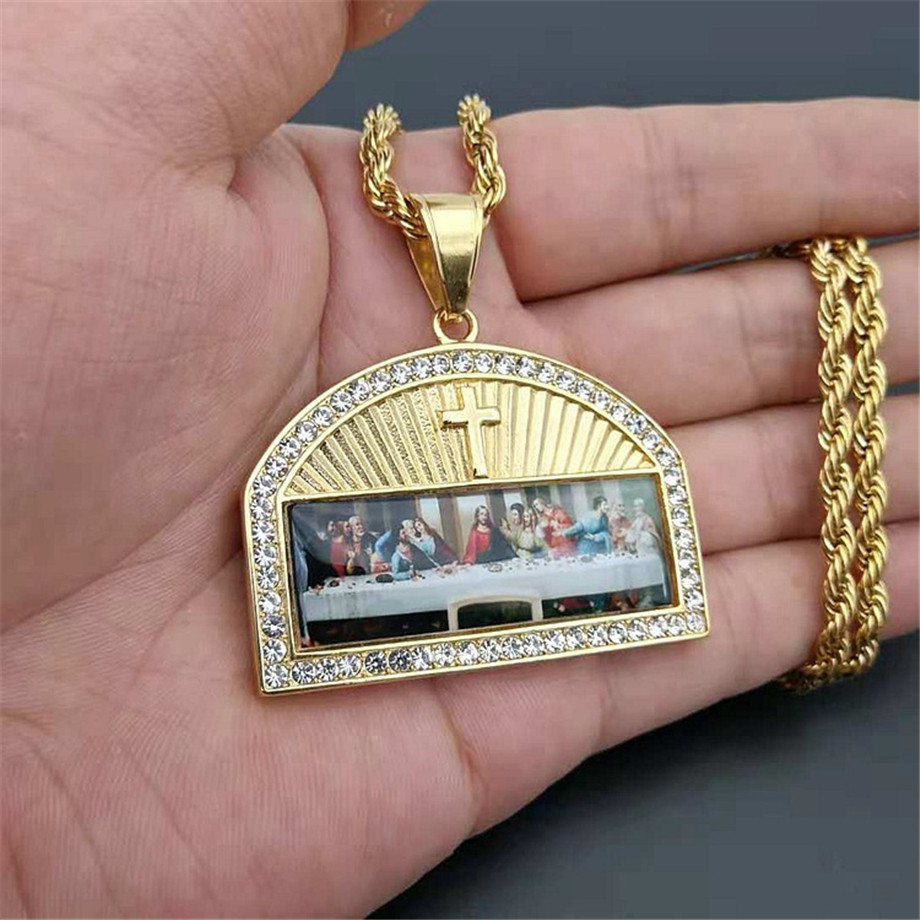 

Iced Out The Last Supper Pendant Necklace Male Gold Color StainlSteel Cross Necklaces For Men Religious Jewelry X0509