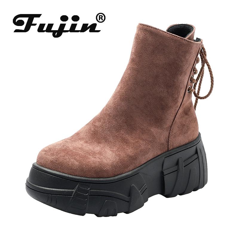 

Boots Fujin Autumn Women Short Ankle Thick Bottom Flock Leather Platform Wedges Fashion Ladies Height Increasing Shoes Red, Black