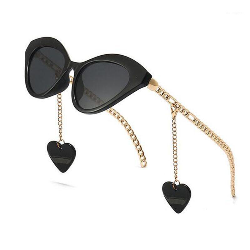 

Sunglasses Summer Fashion Cat Eye Women With Detachable Heart Earring Featured Black Sun Glasses Chain Legs Design