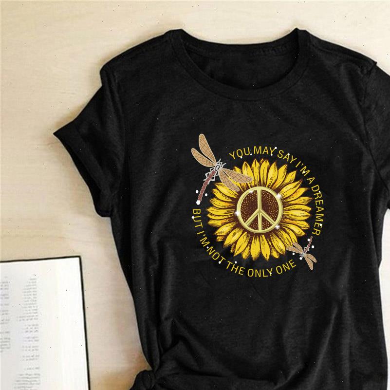 

women t shirt you may say im a dreamer but not the only one print sunflower dragonfly summer femme shirts, White