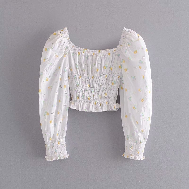 

Stylish Sweet Openwork Embroidery Floral Ruched Cropped Blouses Women Fashion Long Puff Sleeve Square Collar Shirts Girls Tops 210520, As pic