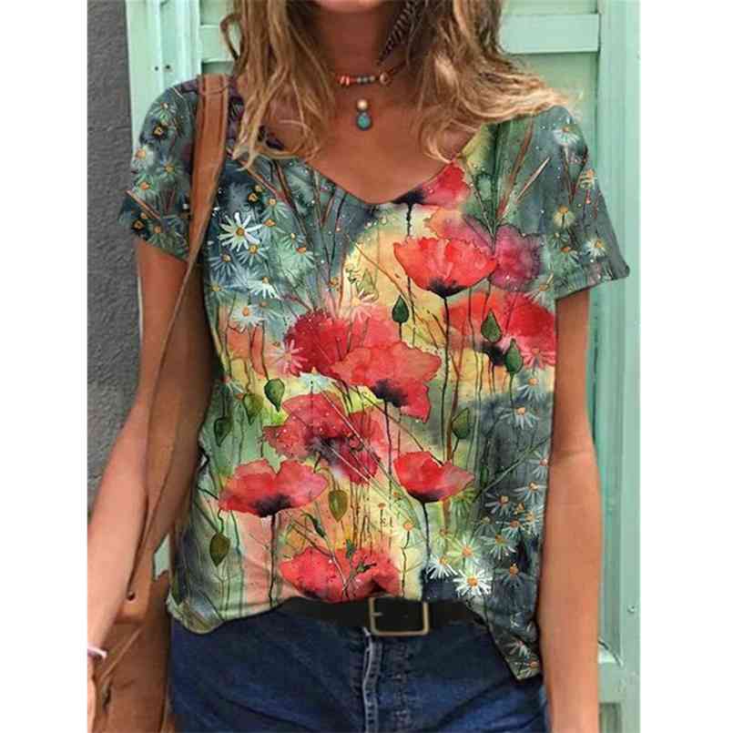 

Summer Harajuku Tshirt Floral Print Pullover Top Casual Short Sleeve V-neck Loose Plus Size T-shirt Femme Fashion Clothes 210708, Zsl023-1