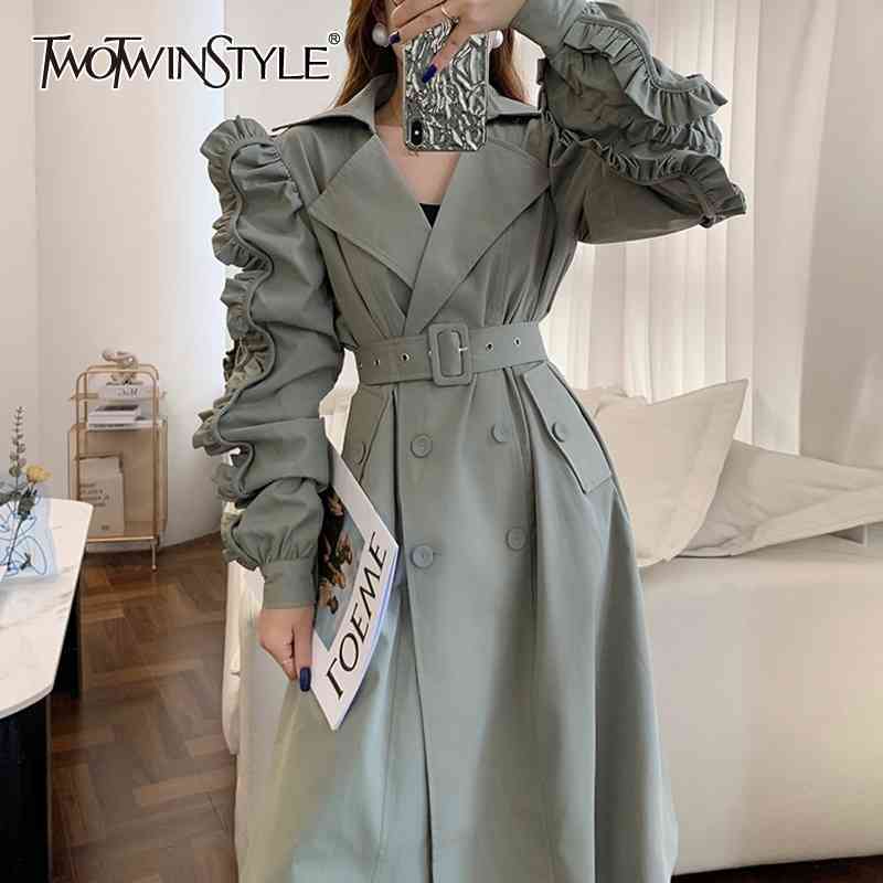 

Korean Patchwork Ruffle Windbreaker For Women Lapel Long Sleeve Sashes Black Casual Trench Female Fashion Spring 210524