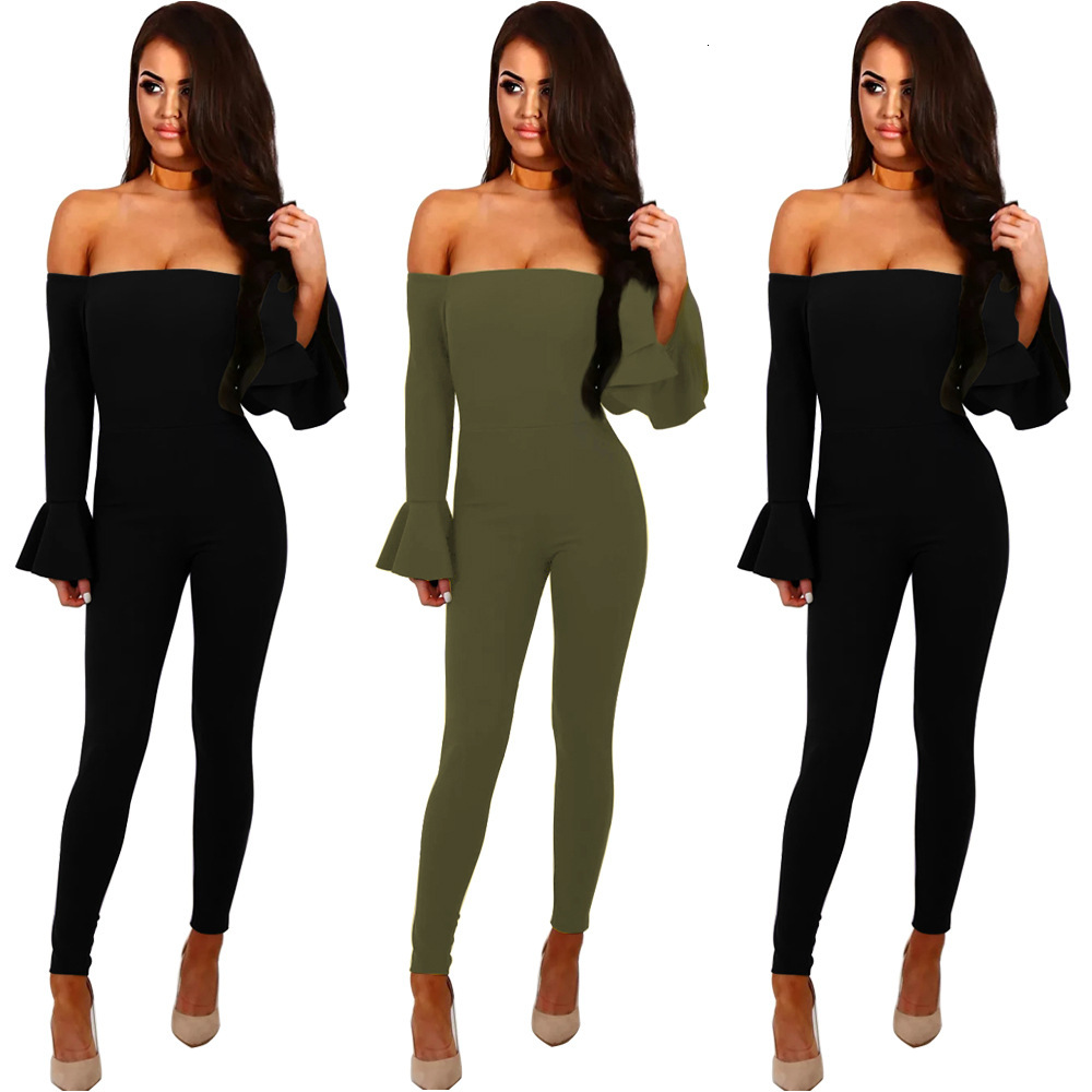 Women&#039;s Jumpsuits & Rompers Black Off Shoulder Sexy Bodysuit Women Long Sleeve Slim Bell Jumpsuit Bodycon Womens Solid Body Suit 756F-image-697226544