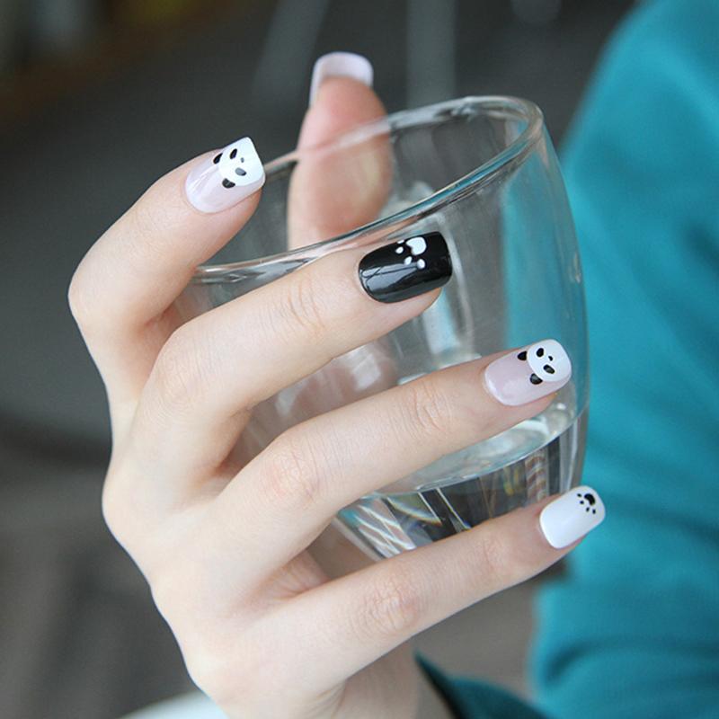 

False Nails 24pcs Fake Press On Cute Panda Nail Art Finished Removable Pieces Artificial With Glue Gift Portable DL, Red;gold