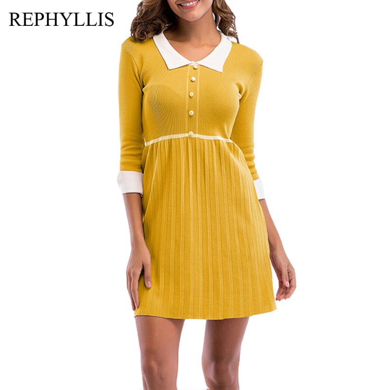 

Casual Dresses REPHYLLIS Women Fashion Turn Down Neck 3/4 Sleeve Button Cocktail Party Work Holiday Knitting Patchwork Swing Dress, Black