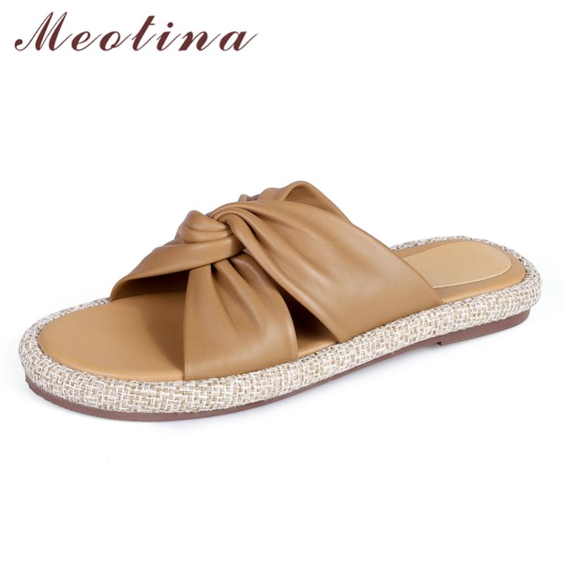 

Sandals Meotina Women Genuine Leather Shoes Round Toe Flat Platform Slippers Pleated Summer Slides Ladies Footwear Apricot 40, Black