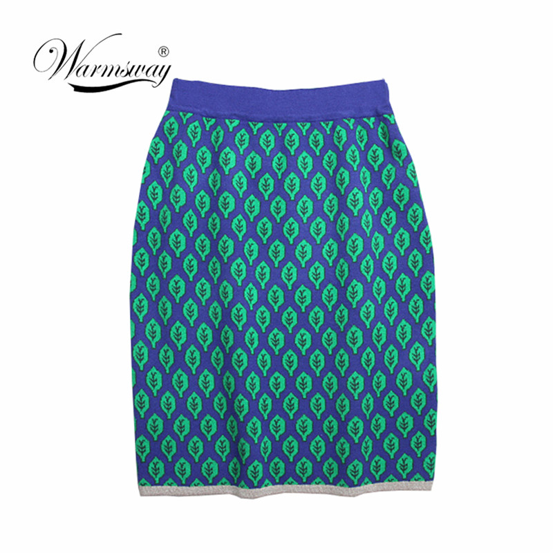 

Spring Autumn Women Leaf Jacquard Knitted Pencil Skirts Stretch High Waist Knee Length Slim Office Lady Bodycon Skirt B-131, Green
