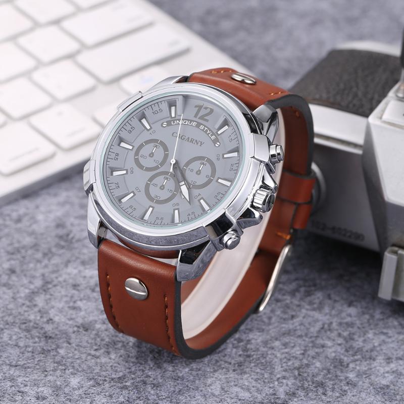 

Wristwatches Cagarny 6882 Brand Men's Business Fashion Sports Luxury Quartz Watch Leather Strap Date Display Wrist Waterproof Relogio, Silver white