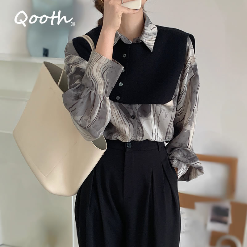

Qooth Blouse With Shawl Two Pieces Set Woman Shirt All-Match Elegant Fashion OL Printed Blouse Tops QT513 210518, Black
