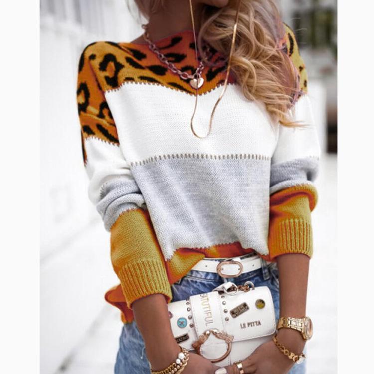 

Women's Sweaters Color Matching Leopard Print Round Neck Casual Sweater Autumn And Winter Knitted Pullover Long Sleeve, White;black