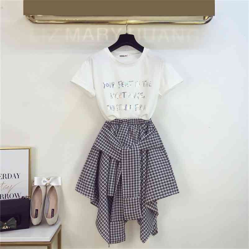 

Summer Fashion Women Casual O Neck Letter T-shirt + Irregular Plaid Skirt 2 pcs sets Female suits A1179 210519
