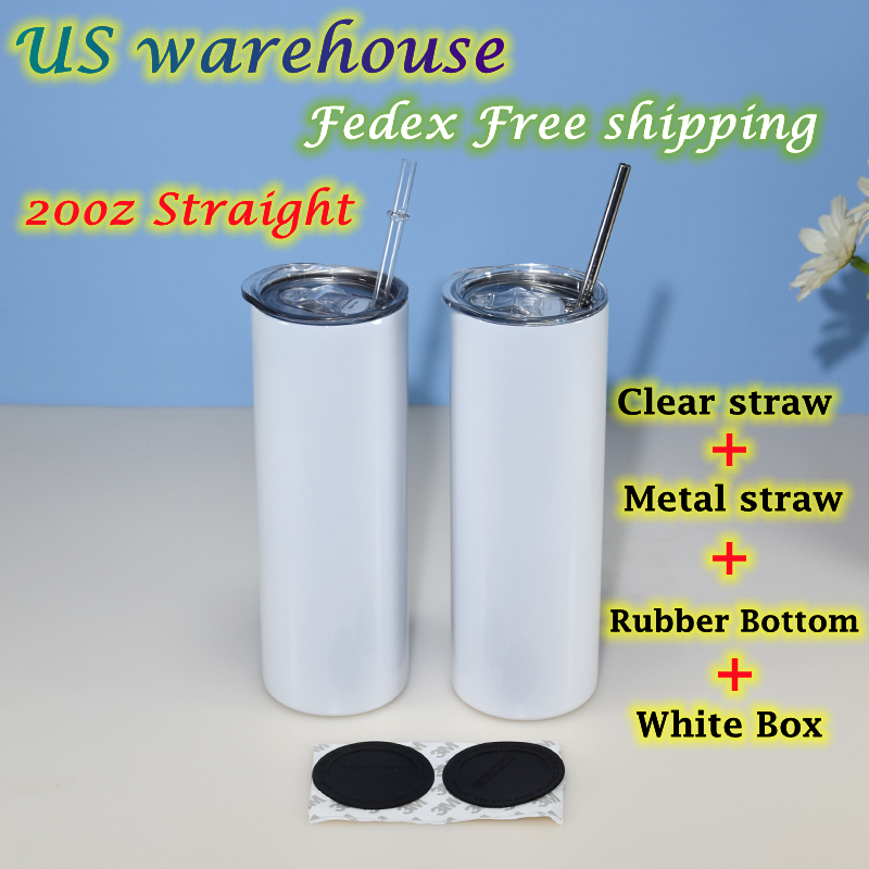 

US warehouse 20oz Skinny straight Sublimation Tumblers 25pcs per carton Clear & Metal Straws Rubber bottoms Stainless Steel Double wall Vacuum Insulated Travel cups, 20oz tumbler (25pcs per carton)