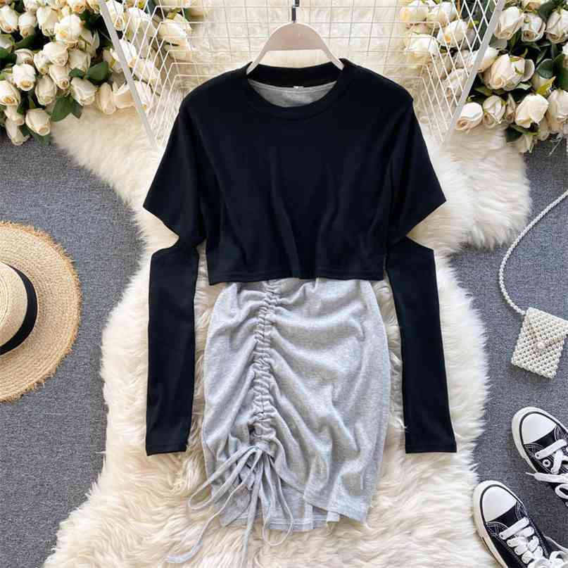 

Chic Women 2 Piece Set Fashion Spring Autumn Casual Streetwear Sleeveless Mini Bodycon Dress+Long Sleeve T-shirts Suits 210603, Gray