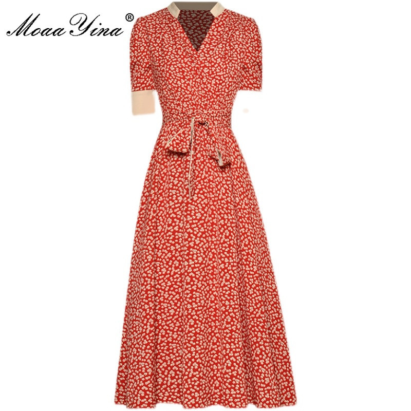 

Fashion Designer Summer Midi Dress Women V-neck Short sleeve Floral print Belt Elegant Party 210524, Coral red