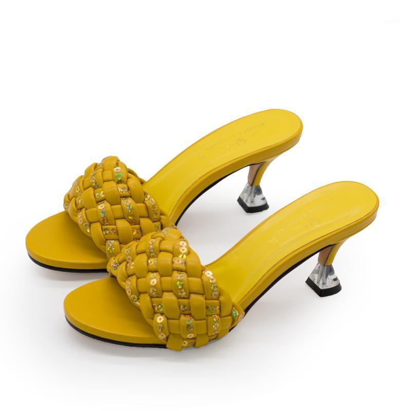 

Sequin Braided Leather Strap Women Heels Yellow Pink Black Italian Sandals 673-1 Summer Shoes Party Dress High Heel Mules, 673-1white