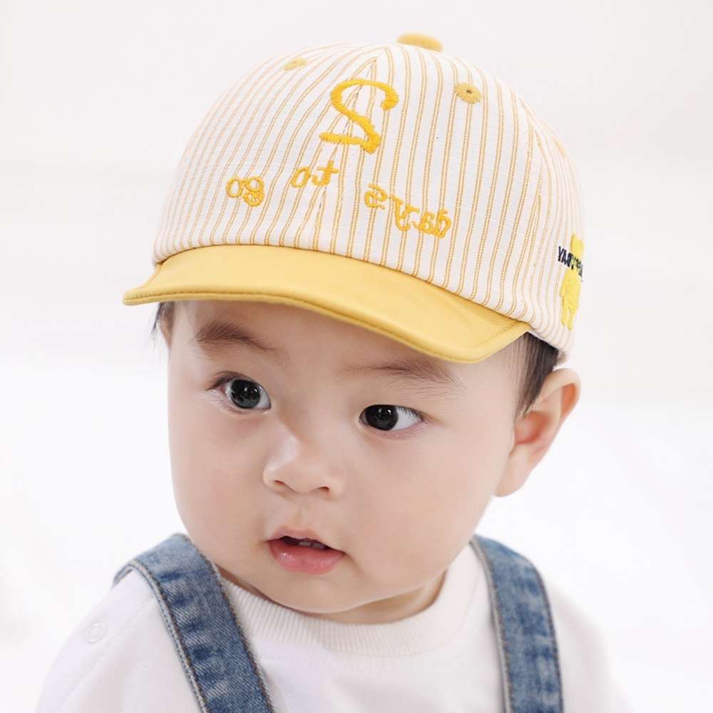 

Spring stripe children's cap 2-6-12 months soft edge Sun baby Hat tide embroidery number 2, Yellow