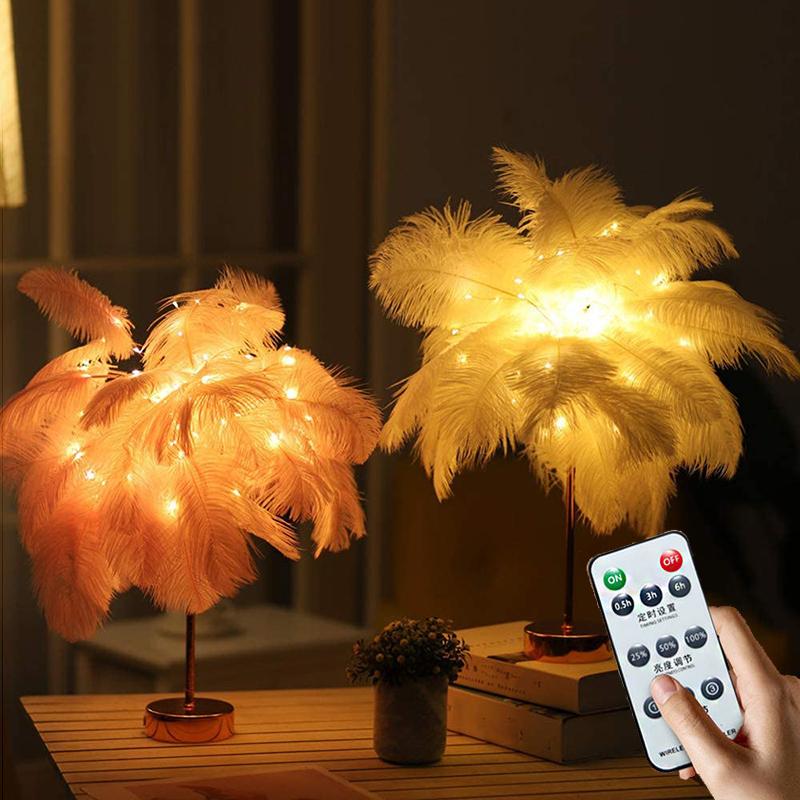 

Night Lights Fairy Ligh Feather Table Lamp USB/ Battery Power Creative Warm Light Remote Control For Bedroom Party Christmas Wedding Decor