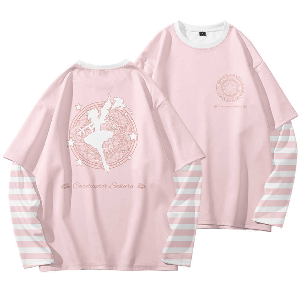 

Cute Lolita Pink Fake 2 Pieces Striped Long Sleeve T Shirts Card Captor Sakura Patchwork T-shirt Otaku Anime Loose Tees Tops 210629