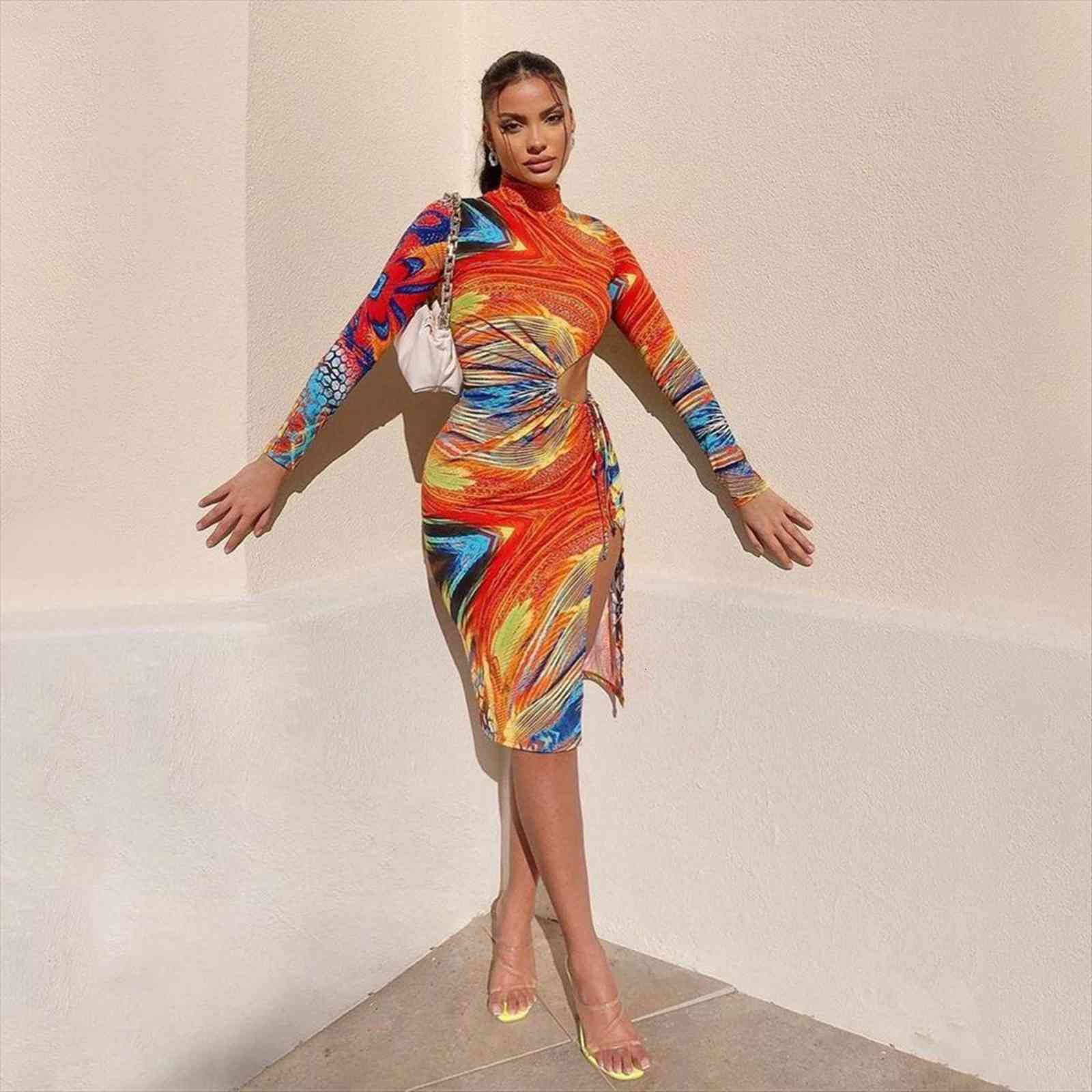 

sujying mid waist women dresses printed milk silk length hollow long sleeve irregular, Black;gray