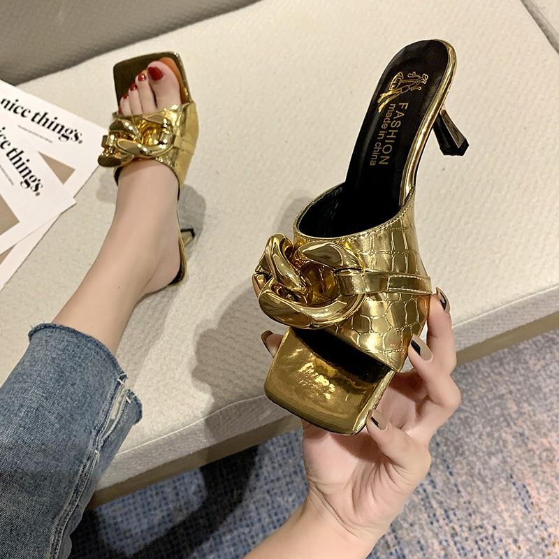 

Slippers 2021 Summer High Heel Outdoor Square Toe Fashion Thick Chain Sandals And Metal Open Stiletto, Gold