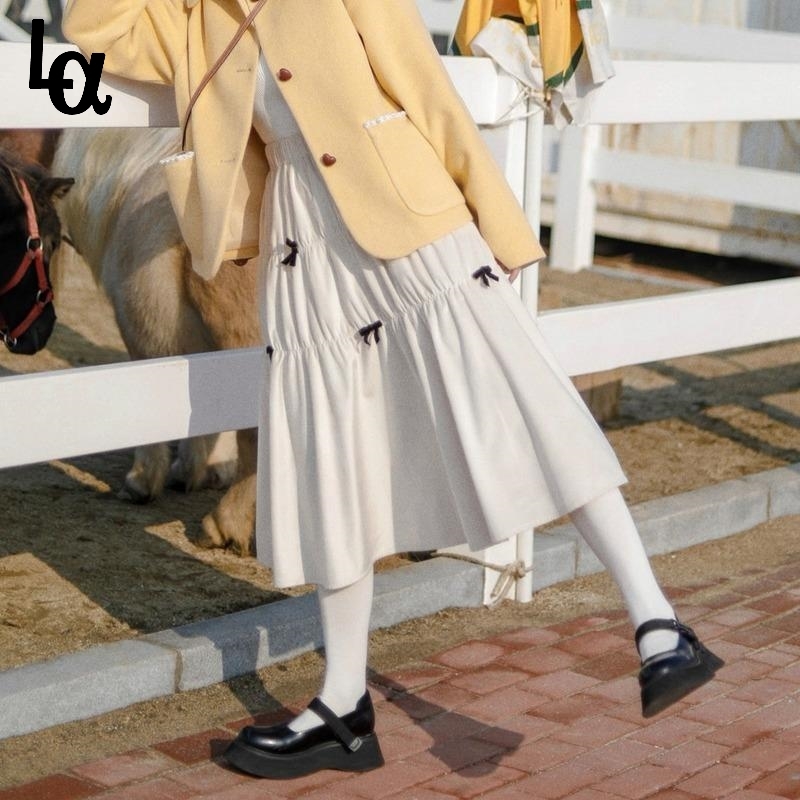 

Summer Kawaii Casual Skirt Women Elegant Sweet Fresh Beige Bow Lolita A-line Fit Chic Elastic Waist Midi 210519, Beige skirt