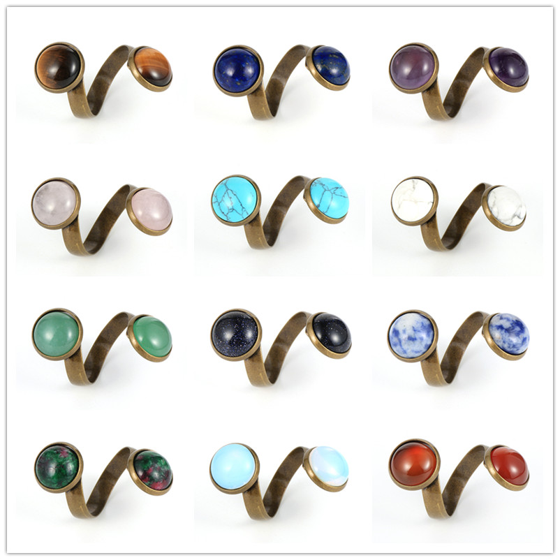 

12mm Women Natural Stone Ring Double Healing Chakra Stones Turquoise Tiger Eye Onyx Rose Quartz Spiral Copper Antique Bronze Adjustable Finger Rings Jewelry